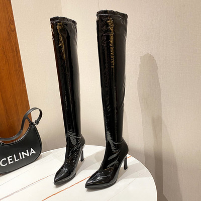 Stiilsed kõrge õhukese kontsaga naiste lakknahast saapad