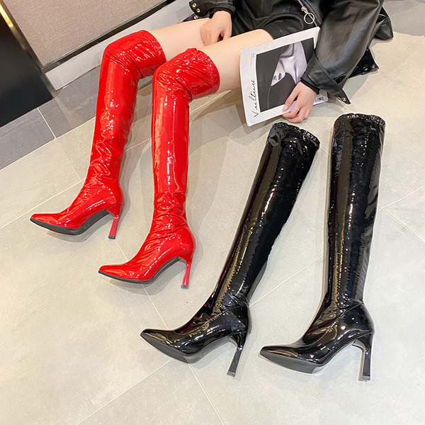 Stiilsed kõrge õhukese kontsaga naiste lakknahast saapad