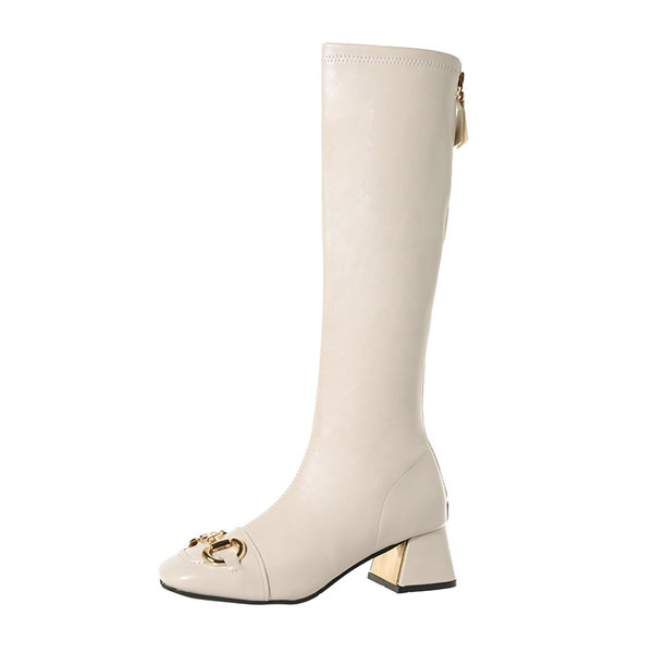 Öko bőrből készült modern női csizma csattal és sarokkal