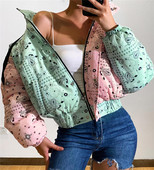 Női téli rövid kabát cipzárral, színes mintával