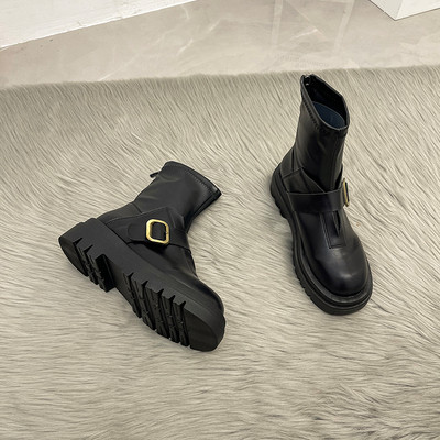 Cizme casual de dama din imitatie de piele cu catarama