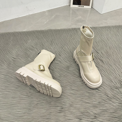 Cizme casual de dama din imitatie de piele cu catarama