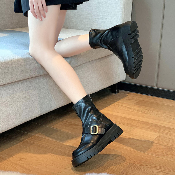 Cizme casual de dama din imitatie de piele cu catarama