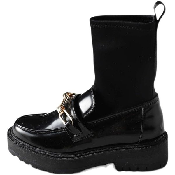 Női lakkcsizma textil résszel, fém díszítéssel