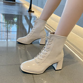 Cizme de dama din piele lacuita cu sireturi si toc