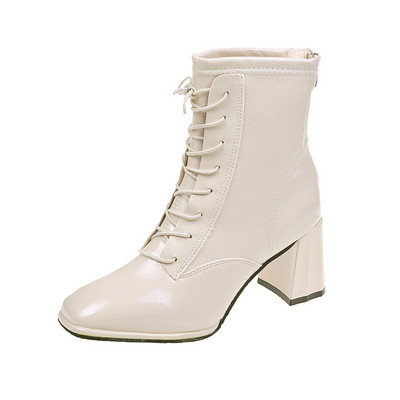 Cizme de dama din piele lacuita cu sireturi si toc