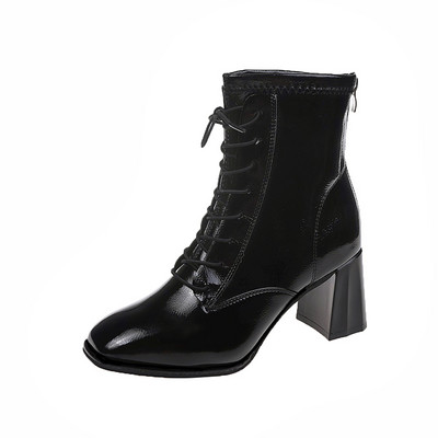 Cizme de dama din piele lacuita cu sireturi si toc