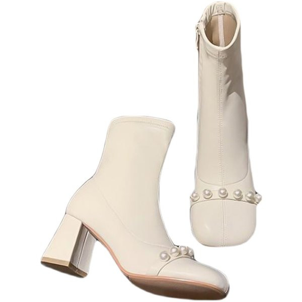 Eko bőrből készült stílusos női csizma sarokkal és gyöngyökkel