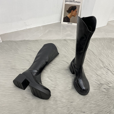 Cizme casual din imitatie de piele cu toc patrat de 6 cm