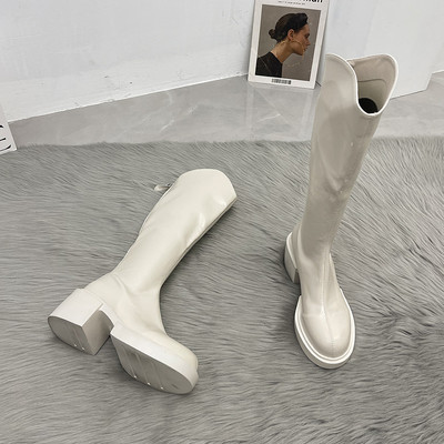 Cizme casual din imitatie de piele cu toc patrat de 6 cm