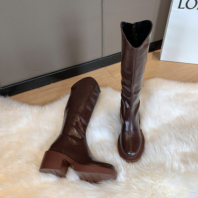 Cizme casual din imitatie de piele cu toc patrat de 6 cm