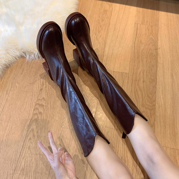 Cizme casual din imitatie de piele cu toc patrat de 6 cm