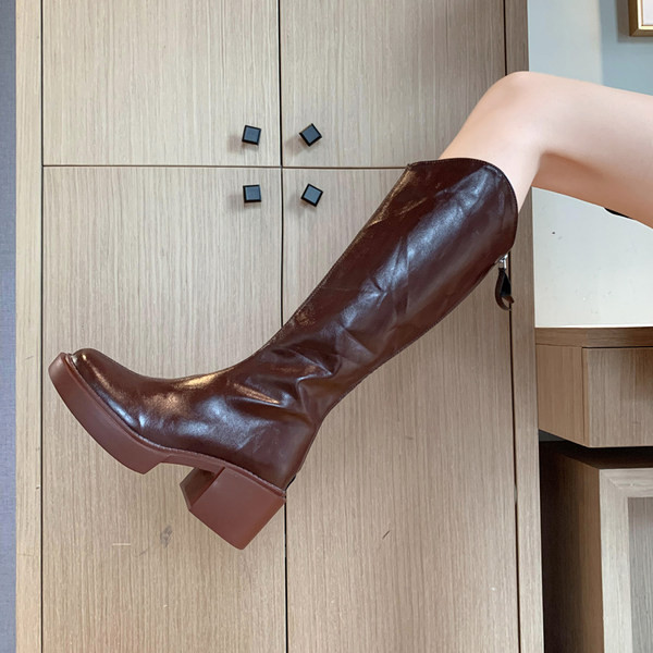 Cizme casual din imitatie de piele cu toc patrat de 6 cm