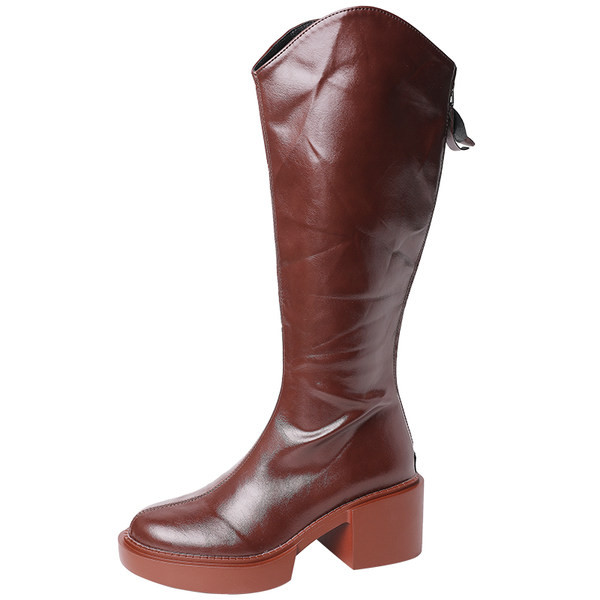 Cizme casual din imitatie de piele cu toc patrat de 6 cm