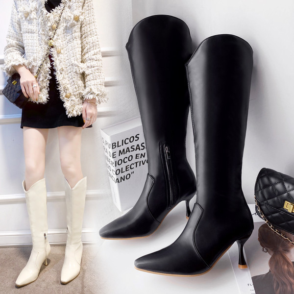 Ženske čizme s patentnim zatvaračem i tankom petom - model na špic