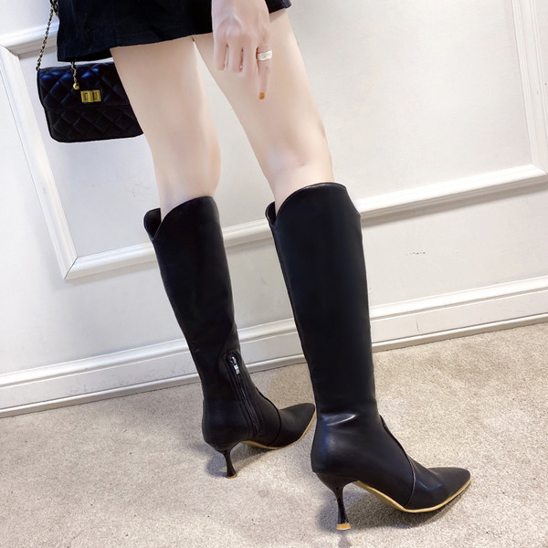 Ženske čizme s patentnim zatvaračem i tankom petom - model na špic