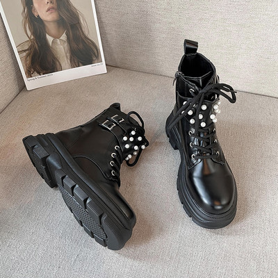 Ежедневни дамски ботуши с катарами и перли-два цвята