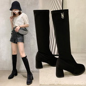 Cizme de dama din piele intoarsa artificiala si toc de culoare neagra