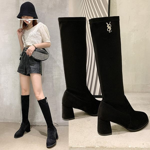 Cizme de dama din piele intoarsa artificiala si toc de culoare neagra