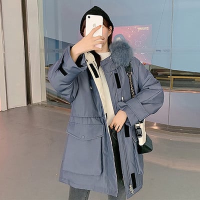 Női téli kabát zsebekkel és pehelyes