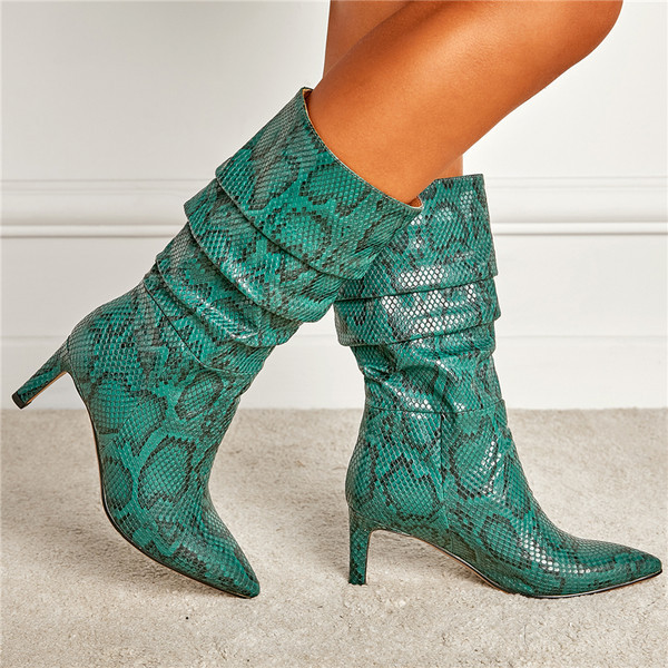 Ženske kožne čizme na tanku petu u crnoj i zelenoj boji