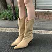 Öko velúrból készült modern női csizma vékony sarkú hegyes modellel