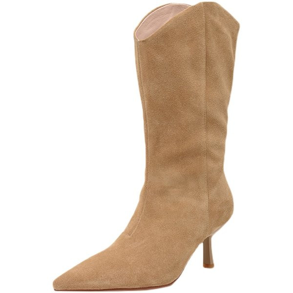 Öko velúrból készült modern női csizma vékony sarkú hegyes modellel