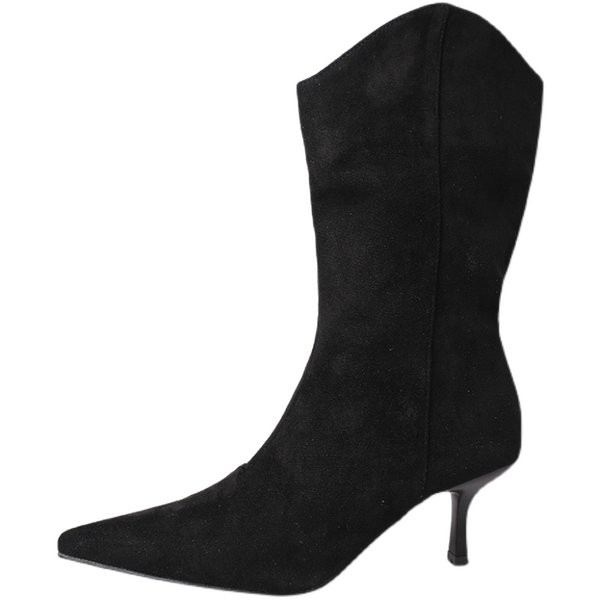 Öko velúrból készült, vékony sarkú, hegyes női csizma új modellje