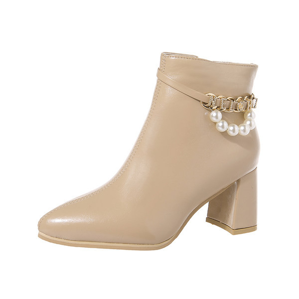 Moderne ženske čizme od eko kože sa perlama i kopčom na visoku petu