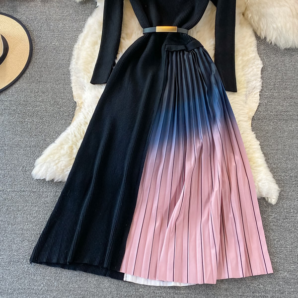 Női ruha övvel és hosszú ujjú - fekete színű