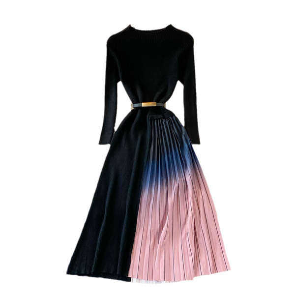 Női ruha övvel és hosszú ujjú - fekete színű