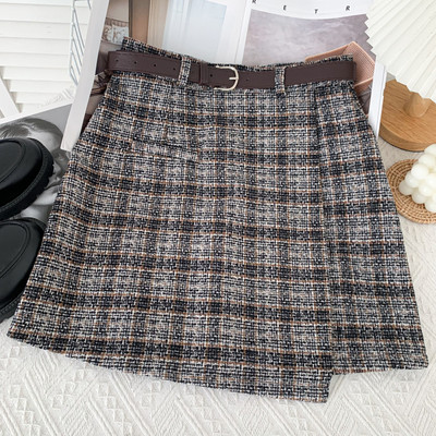 Νέο μοντέλο γυναικεία καρό φούστα με ζώνη - τρία χρώματα