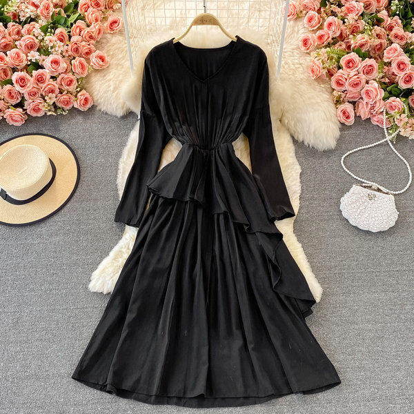 Női ruha gumírozott derékkal és hosszú ujjú három színben