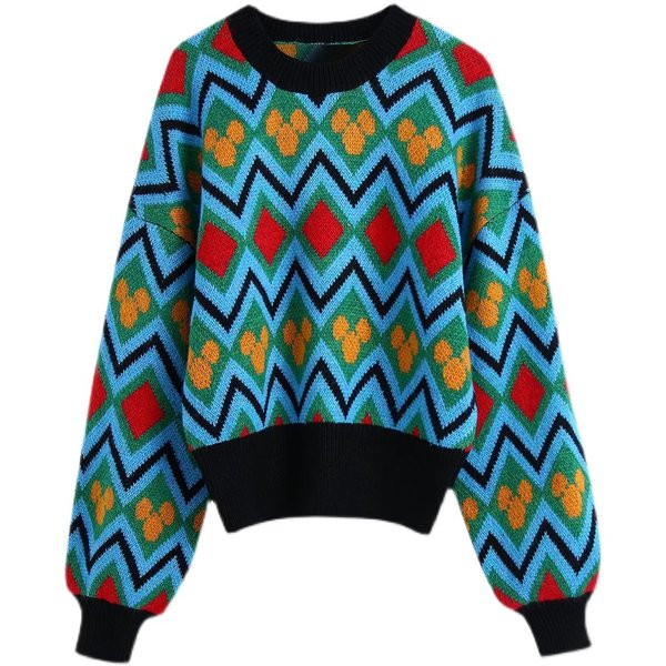 Φαρδύ πουλόβερ με πολύχρωμο μοτίβο για γυναίκες