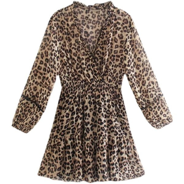 Moodne väljalõikega kleit spits-kaelusega ja loomamustriga