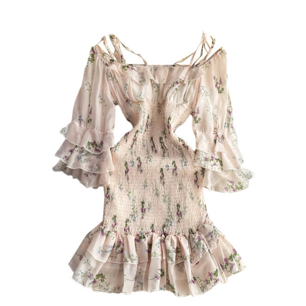 Női ruha gumírozott derékkal, bézs virágmintával