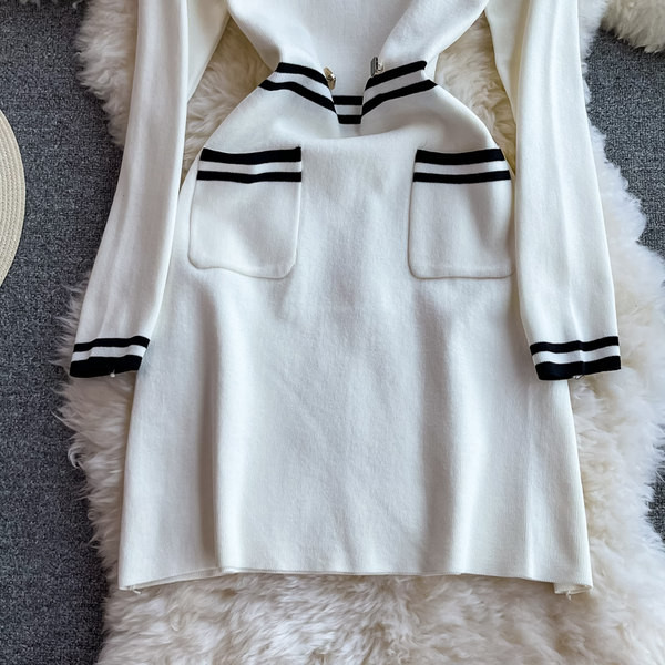 Női ruha zsebekkel és klasszikus gallérral