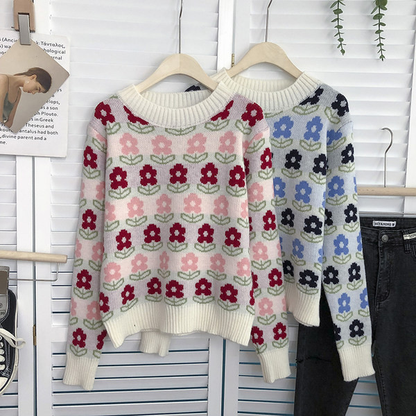 Πολύχρωμο γυναικείο πουλόβερ με floral μοτίβα