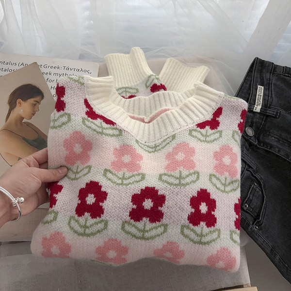 Πολύχρωμο γυναικείο πουλόβερ με floral μοτίβα