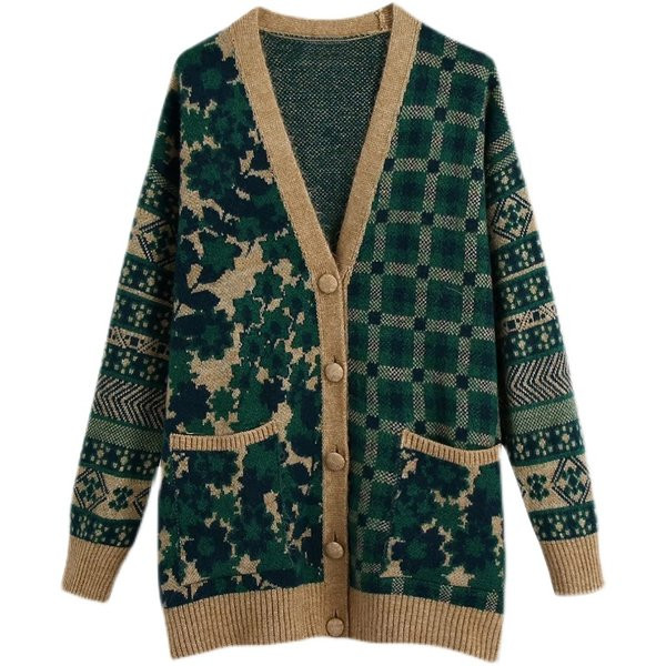 Közepes hosszúságú, virágmintás női kardigán