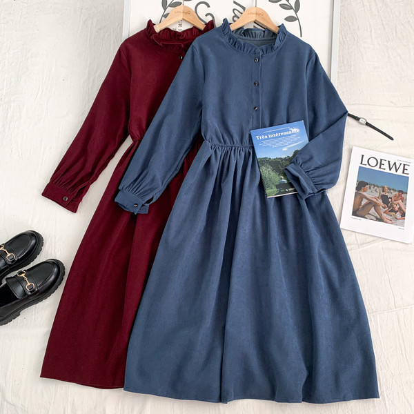 Moodne naiste lõikega nööpide ja pikkade varrukatega kleit