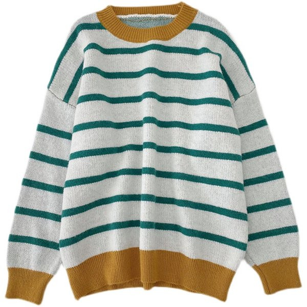 Csíkos női pulóver ovális nyakkivágással és hosszú ujjal