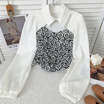 Moodne naiste pluus krae ja pikkade varrukatega