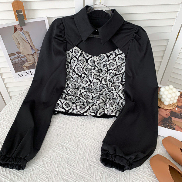 Moodne naiste pluus krae ja pikkade varrukatega