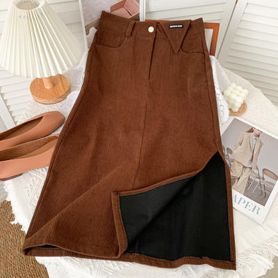 Modern női kordbársony szoknya magas derékkal és hasítékkal