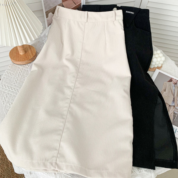 Modern női kordbársony szoknya magas derékkal és hasítékkal