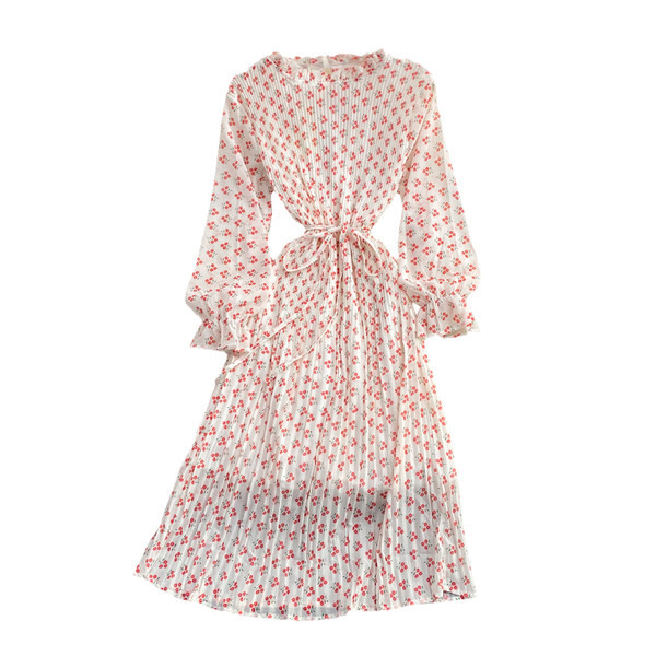 Női ruha övvel és hosszú ujjú fehér színben