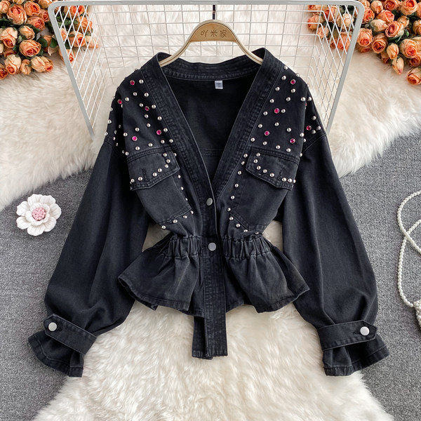 Naiste elastse vöökoha ja nööpidega teksajakk