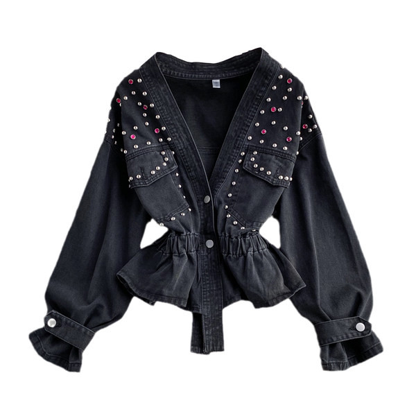 Naiste elastse vöökoha ja nööpidega teksajakk