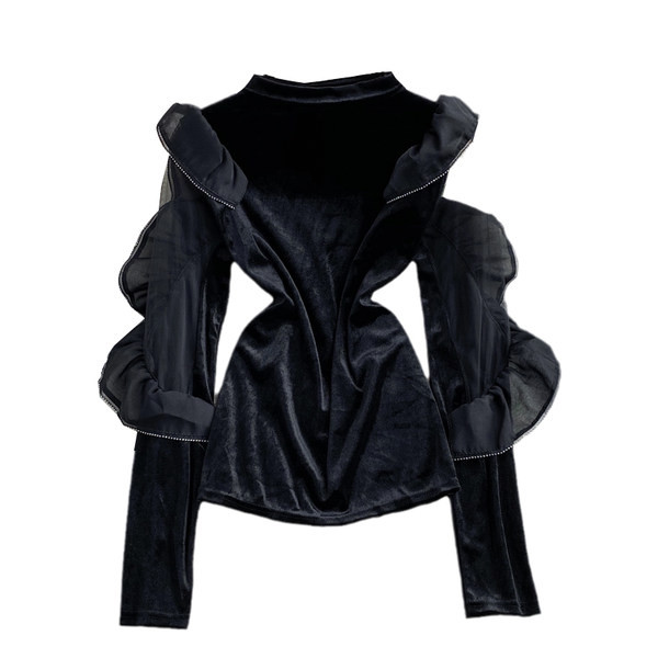 Női bársony blúz tüll és kerek nyakkivágással